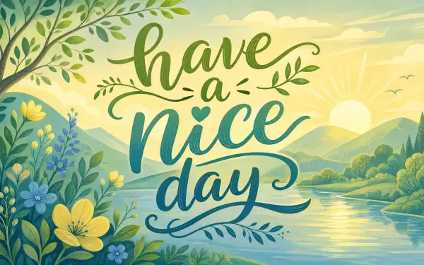 4K Ultra HD PC desktop wallpaper: illustrated lakeside sunrise with rolling hills, flowers and foliage, hand-lettered have a nice day in flowing script.