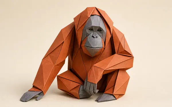 Origami-style orangutan sculpture in warm tones, presented as a 4K Ultra HD PC desktop wallpaper and background.