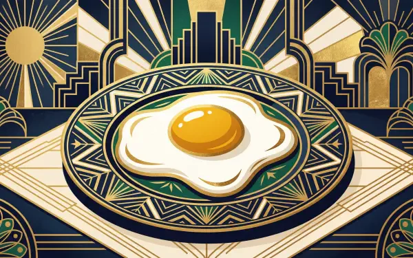 Art-deco styled fried egg centered on an ornate geometric plate with sunburst motifs — 5K Ultra HD PC desktop wallpaper and background.