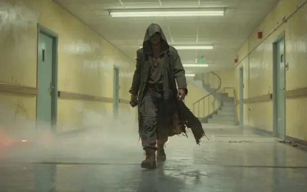 Vagabond in a tattered hooded coat walks down a fog-filled hospital corridor — moody 4K Ultra HD PC desktop wallpaper and background.