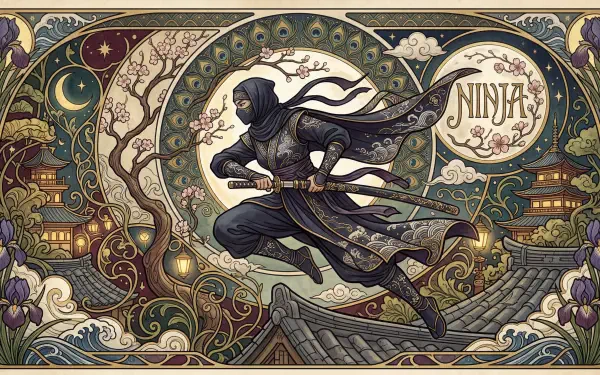 5K Ultra HD PC desktop wallpaper/background: ornate, stylized ninja leaping over rooftops amid lanterns, swirls, and moonlit Japanese motifs.