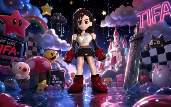 4K Ultra HD PC desktop wallpaper of Tifa Lockhart standing in a glossy, toy-like neon fantasy scene with stars, clouds, a checkerboard floor, and oversized plush props.