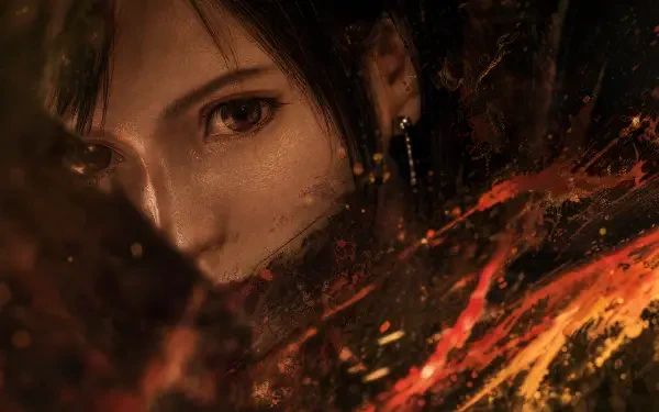 Close-up of Tifa Lockhart amid embers and shadow, intense gaze; 4K Ultra HD PC desktop wallpaper and background with warm orange sparks.