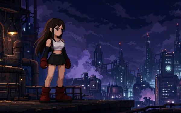 Tifa Lockhart in pixel-art 4K Ultra HD PC desktop wallpaper and background, standing on a rooftop at night overlooking a neon-lit futuristic city skyline.