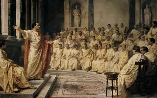 4K Ultra HD PC desktop wallpaper: a classical painting of a robed orator addressing seated senators in a marble hall, warm light and intricate stone architecture.