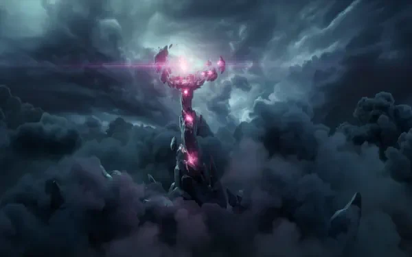 Dark storm clouds part around a jagged tower crackling with purple-pink energy, a glowing spire rising above the mist — Spyro: A Realm Beyond 4K Ultra HD PC desktop wallpaper.