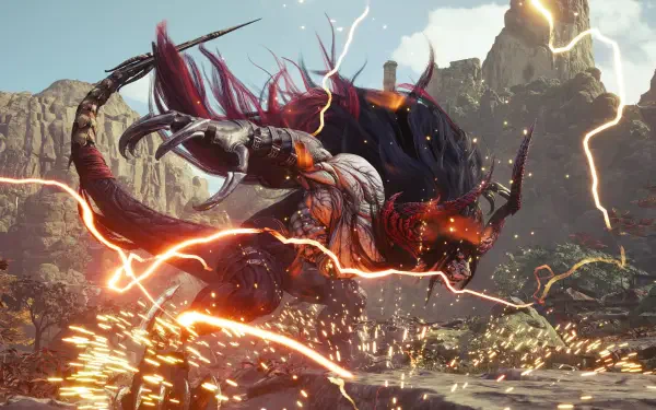 4K Ultra HD PC desktop wallpaper of a horned, flaming beast lunging through lightning in a rocky valley — a video game scene from Final Fantasy VII Revelation.