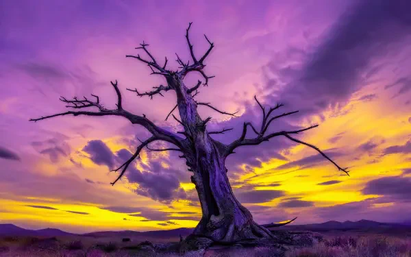 4K Ultra HD PC desktop wallpaper and background: a lone dead tree silhouette against a vivid purple and yellow sunset sky.