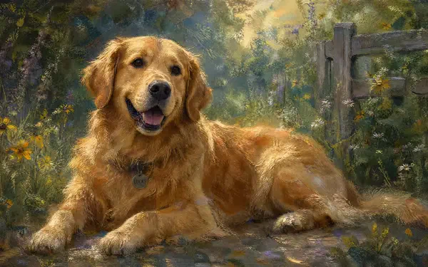 Golden retriever reclining in a sunlit garden, painterly texture — 4K Ultra HD PC desktop wallpaper and background.