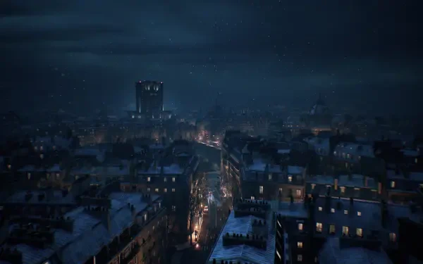 Resident Evil Veronica 4K Ultra HD PC desktop wallpaper — snowy, moonlit gothic cityscape with glowing streets and an ominous tower under a stormy night sky.