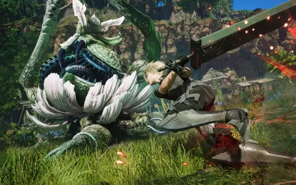 4K Ultra HD PC desktop wallpaper of the video game Final Fantasy VII Revelation: protagonist swings a massive sword at a towering plant-like monster across a vibrant, grassy battlefield.