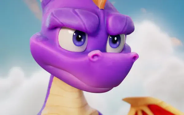 Close-up of Spyro's determined purple dragon face against cloudy sky — video game Spyro: A Realm Beyond 4K Ultra HD PC desktop wallpaper/background.