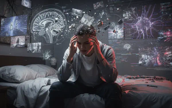 Frustrated man clutching his head on a bed, surrounded by shattered holographic brain scans and flickering screens in a dark, moody scene — 4K Ultra HD PC desktop wallpaper background.