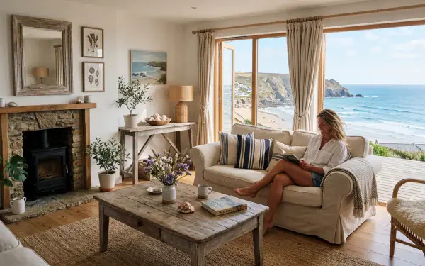 Sunlit coastal aesthetic living room with a person reading on a sofa, rustic coffee table, fireplace and panoramic windows framing a sandy beach — 5K Ultra HD PC Desktop Wallpaper and Background.