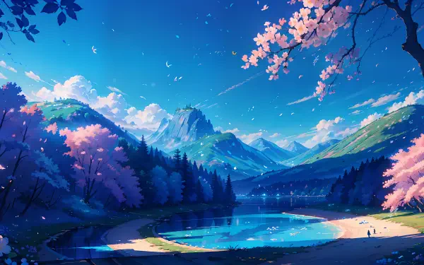 4K Ultra HD PC desktop wallpaper and background: vibrant landscape—mountain lake framed by pine and cherry blossoms beneath a brilliant blue sky.