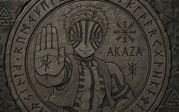 4K Ultra HD PC desktop wallpaper background: stone-carved circular relief of Akaza (Demon Slayer: Kimetsu no Yaiba), raised hand, facial stripes, engraved name and surrounding runes.