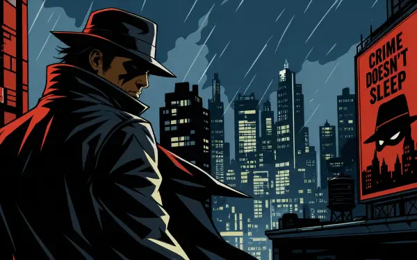 4K Ultra HD PC desktop wallpaper and background: noir detective in trench coat and fedora watches a rainy, neon-lit city skyline at night, billboard declaring Crime Doesn't Sleep.