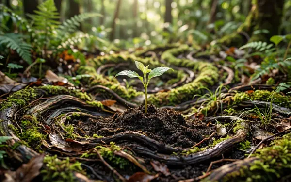 5K Ultra HD PC desktop wallpaper and background: close-up of a young seedling sprouting from dark soil amid moss-covered roots on a sunlit forest floor.