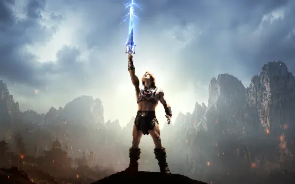 Armored hero raises a lightning-charged sword to a stormy sky atop a rocky peak — Masters of the Universe (2026) movie 4K Ultra HD PC desktop wallpaper/background.