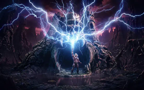 He-Man raises his sword as lightning erupts from Castle Grayskull, Masters of the Universe 2K Quad HD PC desktop wallpaper.