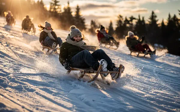 Group sledding down a sunlit snowy hill, riders laughing as snow sprays; vibrant winter scene rendered as a 4K Ultra HD PC desktop wallpaper and background.