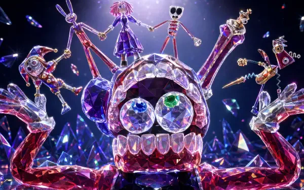 The Amazing Digital Circus 4K Ultra HD PC desktop wallpaper: crystalline clown skull with jewel eyes and gemlike puppet characters perched on its fingers against a neon starry background.