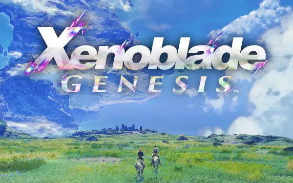 HD PC desktop wallpaper for video game Xenoblade Genesis: two characters walk across sunlit grassy plains toward a distant city beneath a vast blue sky and the game's metallic logo.