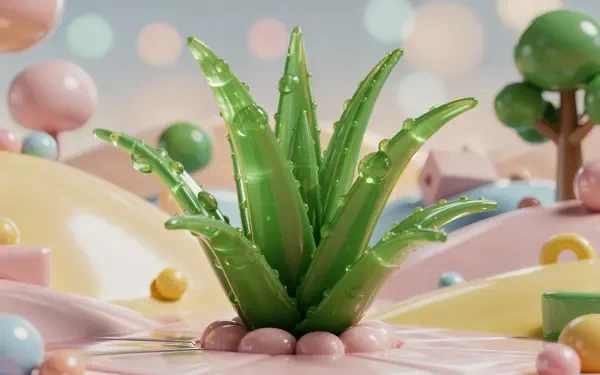 Glossy aloe vera plant with water droplets against pastel bokeh hills, rendered as a 4K Ultra HD PC desktop wallpaper and background.