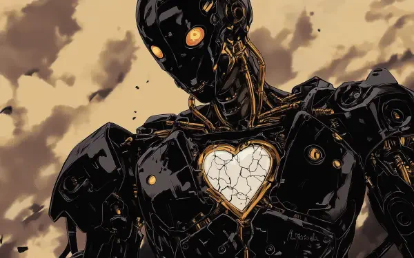 2K Quad HD PC desktop wallpaper: sci-fi black humanoid robot with glowing orange eyes and a cracked, illuminated heart cavity against a stormy sky background.