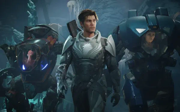 Exodus (2027) video game 4K Ultra HD PC wallpaper: three armored figures — a central soldier flanked by two heavy exo-suits in a blue, icy, bioluminescent cavern.