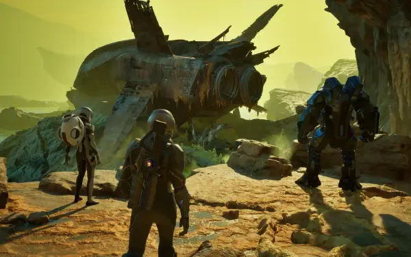 Exodus (2027 video game) 4K Ultra HD PC desktop wallpaper and background: three armored explorers survey a crashed ship on a rocky, green-lit alien shoreline.