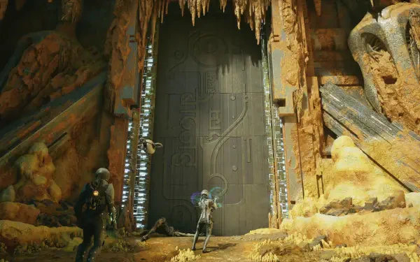 HD PC desktop wallpaper for video game Exodus (2027 Video Game): two armored explorers face a colossal sci‑fi door inside a glowing crystal-filled cavern.