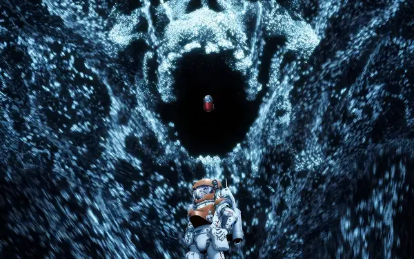 Anime HD PC desktop wallpaper/background: Dr. Stone's Senku Ishigami in a white suit stands in a glowing rocky cavern beneath a swirling black void with a single red capsule.