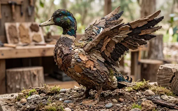 5K Ultra HD PC desktop wallpaper/background: detailed mallard sculpture crafted from bark and wood chips, wings lifted on a mossy forest floor with blurred trees behind.