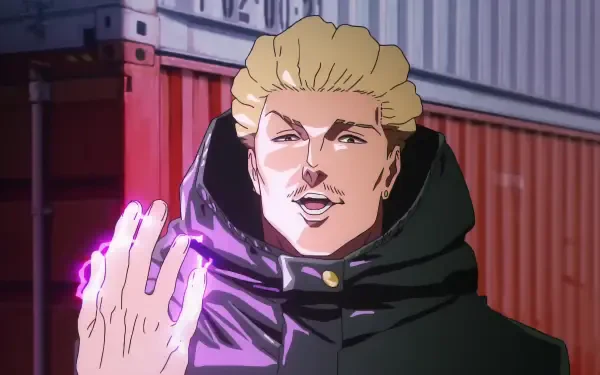 Kinji Hakari (Jujutsu Kaisen) smirks, palm glowing purple, wearing a hooded coat before stacked shipping containers — 4K Ultra HD PC desktop wallpaper and background.