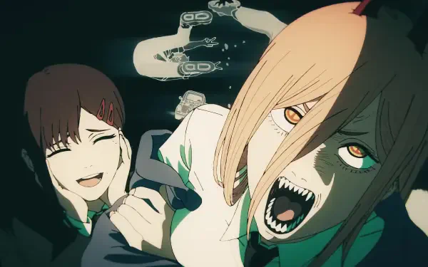 Anime Chainsaw Man wallpaper: Power (Chainsaw Man) snarling with fanged mouth and horn in foreground, Kobeni Higashiyama laughing behind — 4K Ultra HD PC desktop background.