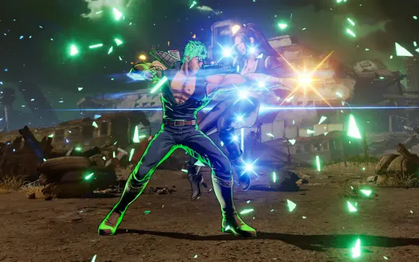 4K Ultra HD PC desktop wallpaper: Kenshiro (Fist of the North Star) unleashing glowing energy in a Fatal Fury: City of the Wolves video game battle scene, shards and light exploding around him.
