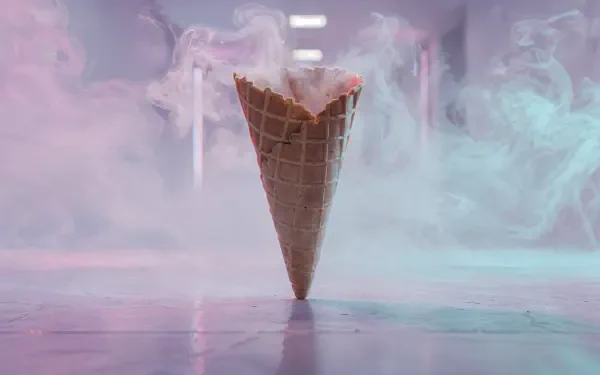 4K Ultra HD PC desktop wallpaper of a single waffle cone balanced on its tip, surrounded by pastel pink and blue smoke and soft reflections on a glossy floor.