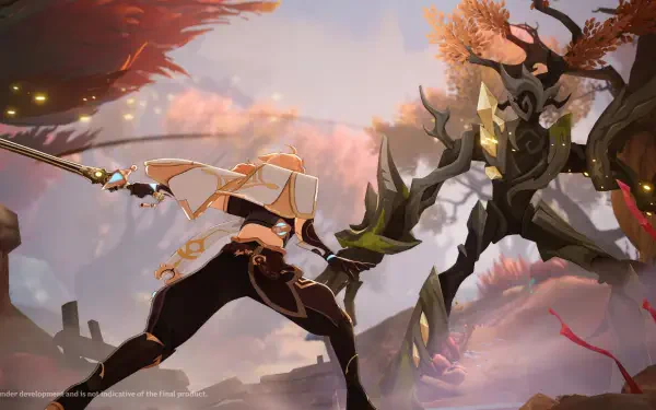 HD PC desktop wallpaper/background of the video game Genshin Impact: Luna VIII lunges with a polearm at a towering tree-like enemy amid fiery autumn ruins.