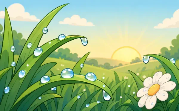 Cartoon sunrise over dew-covered grass and a lone daisy, sparkling morning dew scene — 4K Ultra HD PC desktop wallpaper and background.
