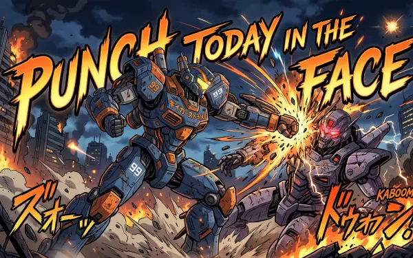 5K Ultra HD PC desktop wallpaper of two armored mechs trading a fiery blow, comic-style explosions and the bold slogan PUNCH TODAY IN THE FACE across the scene.