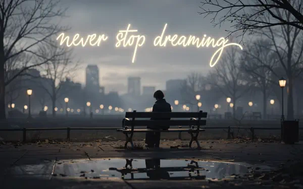 Silhouette of a lone figure on a park bench at dusk beneath glowing never stop dreaming script, misty city skyline and lamplights reflected in a puddle — 4K Ultra HD PC desktop wallpaper.
