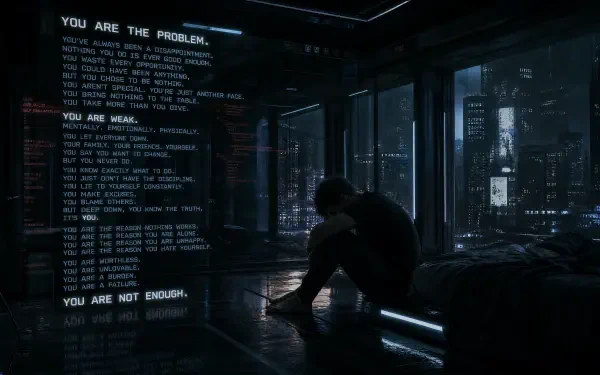 4K Ultra HD PC Desktop Wallpaper and Background: moody cyberpunk bedroom overlooking a neon city, silhouetted figure beside a glowing wall of scrolling code and accusatory text.