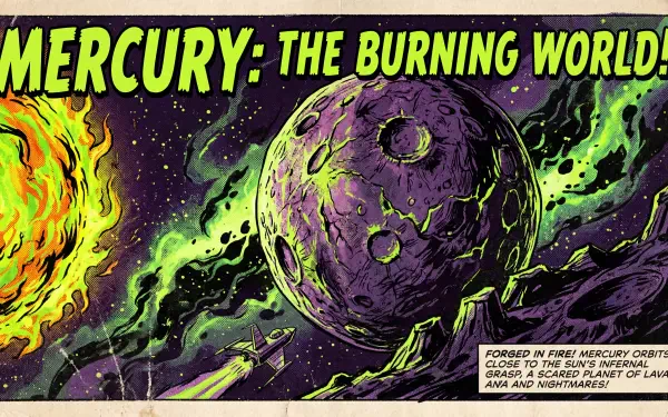5K Ultra HD PC desktop wallpaper and background — comic-style Mercury (Planet), The Burning World: cracked purple-green surface beside a fiery sun and neon space debris.