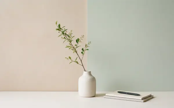Clean 5K Ultra HD PC desktop wallpaper: minimalist white vase holding a slender leafy branch against a soft two-tone background, with a notebook and pen resting on the pale surface.