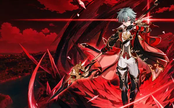 Lohen (Genshin Impact) wielding a red polearm amid swirling crimson energy, 4K Ultra HD PC desktop wallpaper and background