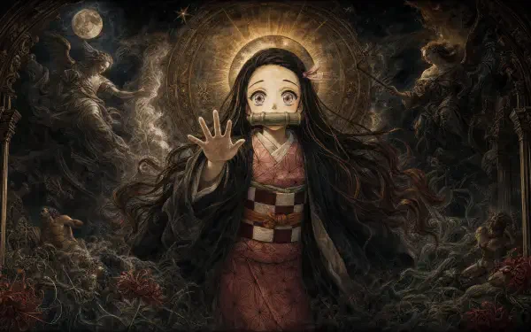 Nezuko Kamado reaching out with bamboo muzzle, flowing hair and kimono against a moonlit, ornate dark backdrop — 4K Ultra HD PC desktop wallpaper and background.