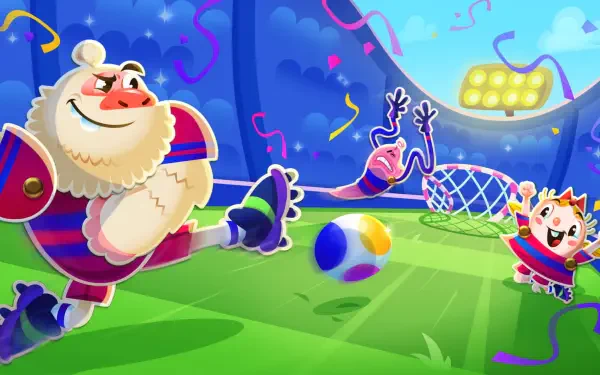 Video game Candy Crush Saga 2K Quad HD PC desktop wallpaper showing cheerful candy characters playing soccer in a colorful stadium with confetti under a moonlit sky.