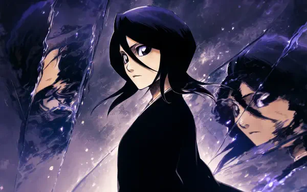 Rukia Kuchiki anime portrait with three mirrored profiles against a purple-blue cosmic backdrop — 4K Ultra HD PC desktop wallpaper and background.