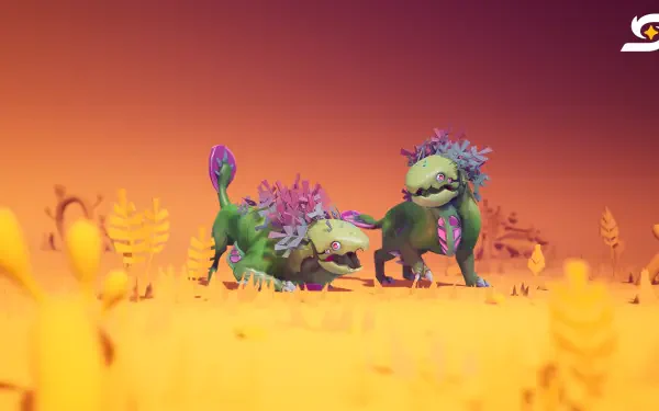 4K Ultra HD PC wallpaper/background from the video game Starseeker: Astroneer Expeditions showing two colorful, plant-covered alien creatures roaming an orange, otherworldly field.
